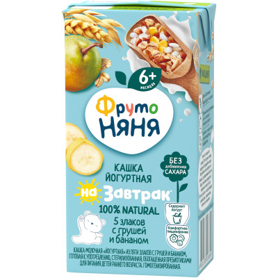 Каша ФрутоНяня молочная йогуртная 5 злаков с грушей и бананом с 6 месяцев, 200мл