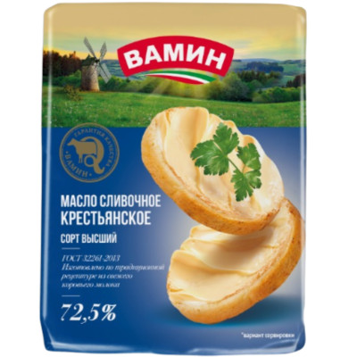 Масло сливочное Вамин Крестьянское высшего сорта 72.5%, 180г