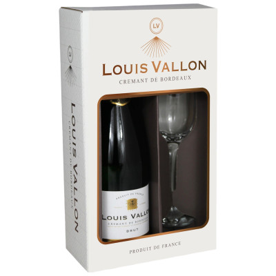 Вино игристое Louis Vallon, Cremant de Bordeaux AOC Brut белое брют, 750мл + бокал