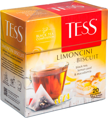 Чай Tess Limoncini Biscuit чёрный с ароматом лимона и ореха в пирамидках, 20х1.8г