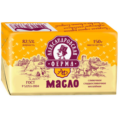 Масло Александровская ферма сливочное сладко-сливочное несоленое 82.5%, 150г