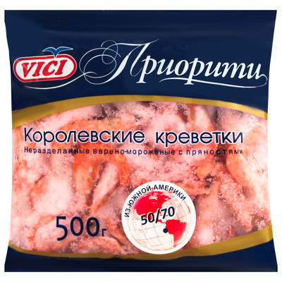 Креветки королевские с пряностями Vici варёно-мороженые с головой в панцире, 500г