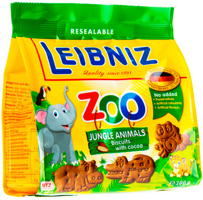 Печенье Leibniz Zoo Jungle Animals Biscuits для детей какао, 100г