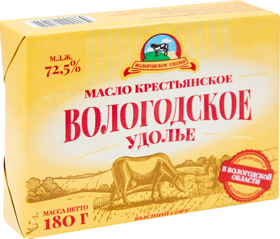 Масло сливочное Вологодское Удолье Крестьянское 72.5%, 180г