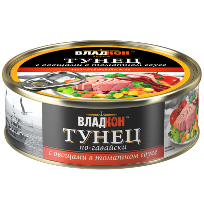 Тунец Владкон филе-кусочки с овощами в томатном соусе по-гавайски, 240г
