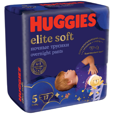 Трусики-подгузники Huggies Элит Софт 5 ночные 12-17кг, 17шт