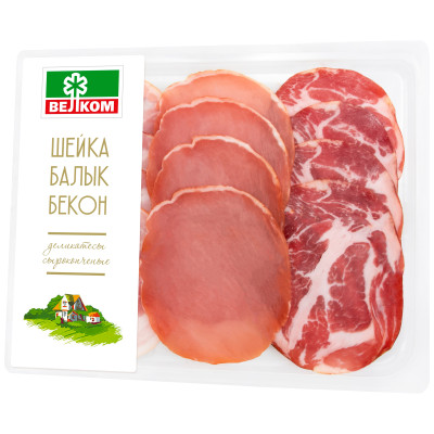 Продукт мясной Велком Ассорти шейка балык бекон из свинины сырокопчёный, 90г
