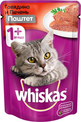 Корм Whiskas Паштет с говядиной и печенью для кошек, 85г