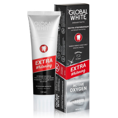 Зубная паста Global White Extra Whitening Active Oxygen с активным кислородом и углём, 100мл