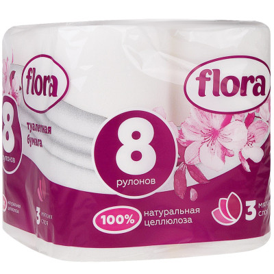 Бумага Flora туалетная с тиснением и перфорацией 8 рулонов 3 слоя