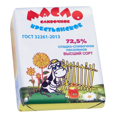 Масло сладкосливочное Молочная Компания Крестьянское несолёное высшего сорта 72.5%, 180г