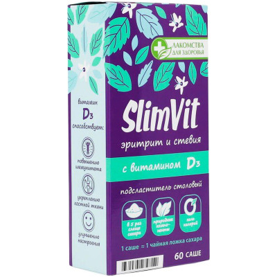Подсластитель столовый Лакомства Для Здоровья SlimVit Эритрит и стевия с витамином D3, 60г