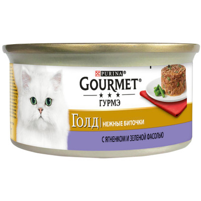 Корм Gourmet Gold нежные биточки с ягнёнком и зеленой фасолью для кошек, 85г