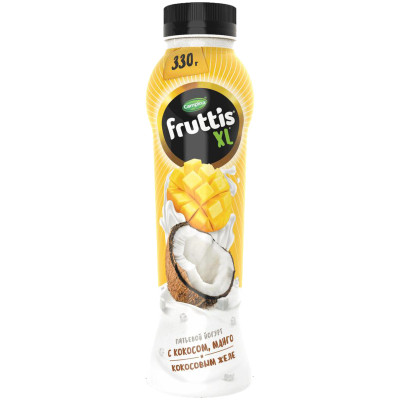 Йогурт Fruttis XL питьевой Манго-кокос и кусочки кокосового желе Ната де Коко 2%, 330мл
