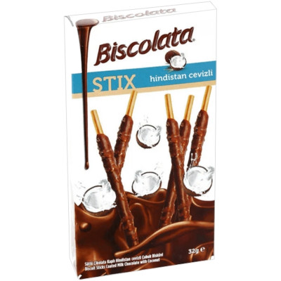 Палочки Biscolata бисквитные покрытые молочным шоколадом с кокосовой стружкой, 32г