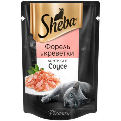 Корм Sheba Ломтики в соусе с форелью и креветками для кошек, 85г