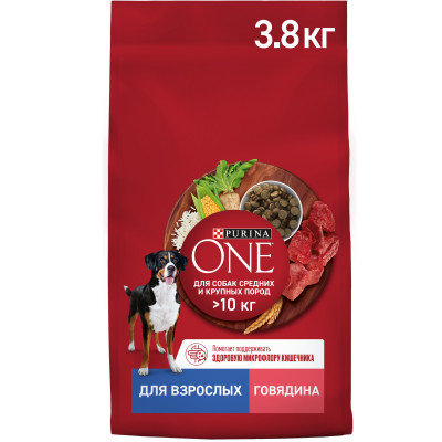 Сухой корм Purina One для собак средних и крупных пород с говядиной и рисом, 3.8кг