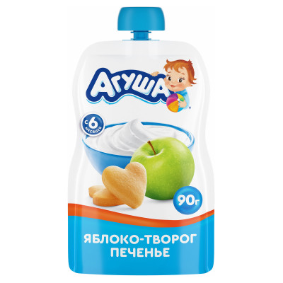 Пюре фруктово-молочное Агуша Яблоко-Творог-Печенье с 6 месяцев, 90г