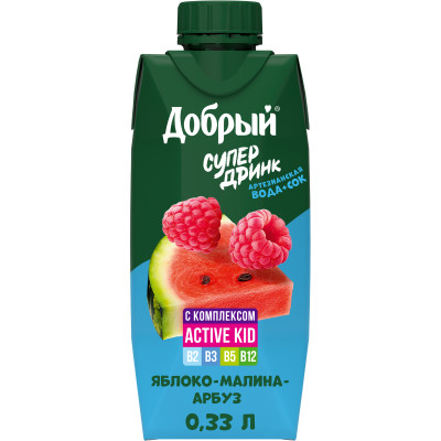Напиток Добрый яблоко-малина-арбуз обогащённый витаминным комплексом Active kid, 330мл