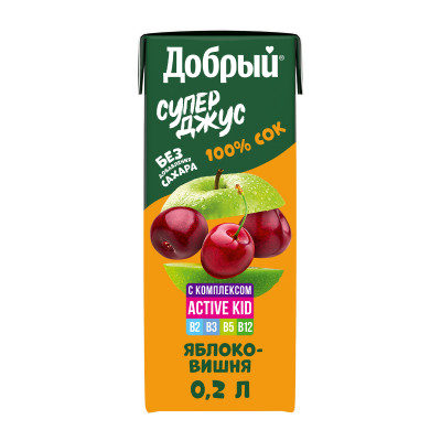 Сок Добрый из яблок и вишни обогащённый витаминным комплексом Active kid, 200мл