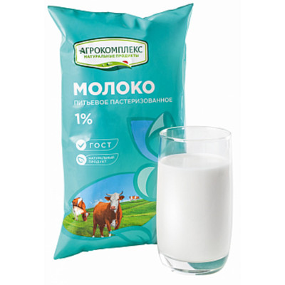 Молоко Агрокомплекс питьевое пастеризованное 1%, 900мл