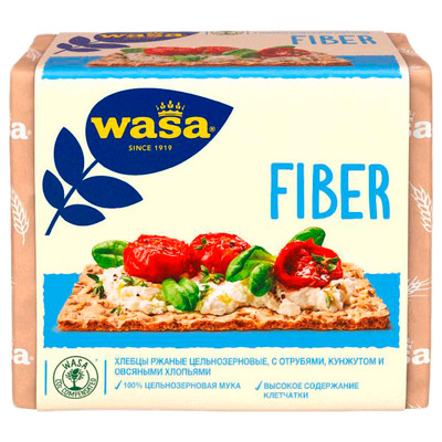 Хлебцы WASA Fiber ржаные цельнозерновые с пшеничными отрубями, кунжутом и овсяными хлопьями, 230г