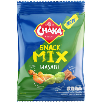 Смесь Chaka Snack Mix обжаренный арахис-зёрна кукурузы-кукурузно-ржаные чаксы со вкусом васаби, 50г