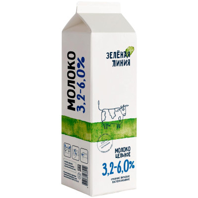 Молоко цельное отборное питьевое пастеризованное 3.2-6% Зелёная Линия, 1л