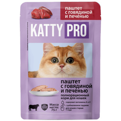 Корм Katty Pro Паштет с говядиной и печенью, 75г