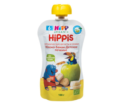 Пюре Hipp Hippis яблоко-банан-детское печенье пастеризованное с 6 месяцев, 100г