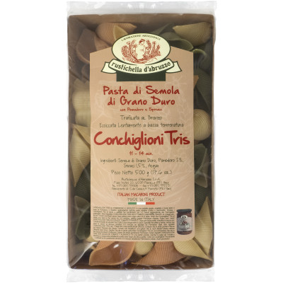 Макароны Rustichella d'Abruzzo Конкильони Трис из твердых сортов пшеницы с томатом и шпинатом, 500г