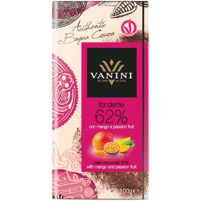 Шоколад Vanini горький с кусочками манго и ароматом маракуйи 62%, 100г