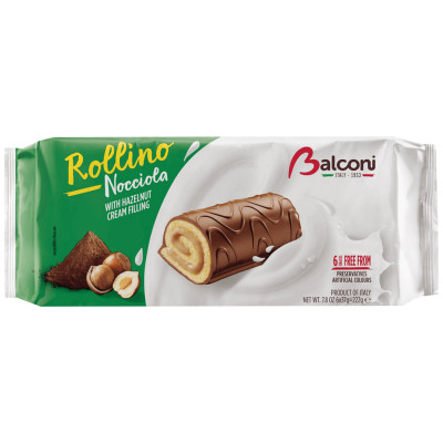 Рулеты Balconi бисквитные с ореховой начинкой покрытые какао глазурью, 222г