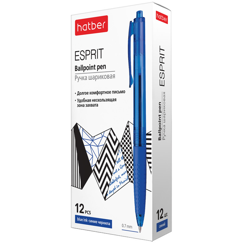 Ручка Hatber Esprit масляная шариковая автоматическая с резиновым грипом 0.7мм синяя, 12шт — фото 1