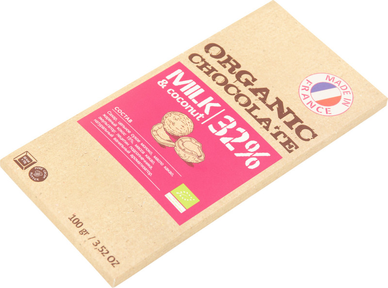 Шоколад молочный Organic Chocolate с жареным кокосом 32%, 100г — фото 2