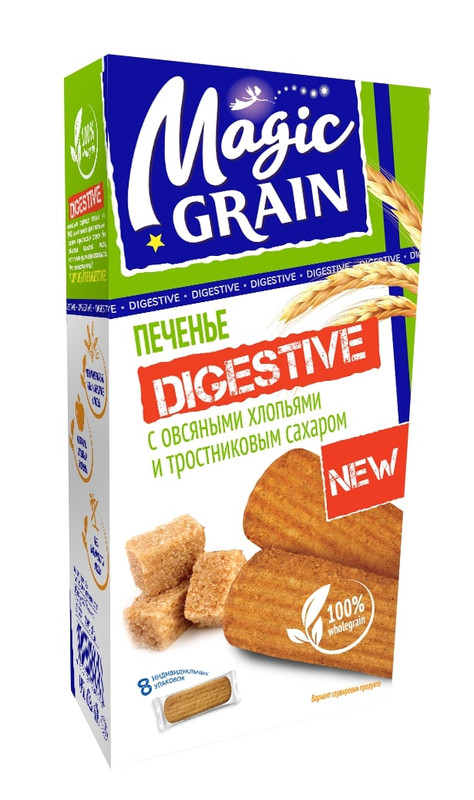 Печенье Magic Grain Digestive сдобное с овсяными хлопьями и тростниковым сахаром, 240г