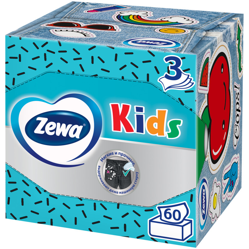 Салфетки бумажные Zewa Kids 3D Box детские для лица 3 слоя, 60шт — фото 1