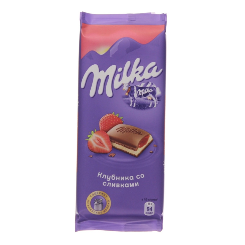 Шоколад молочный Milka с двухслойной начинкой клубника со сливками, 90г
