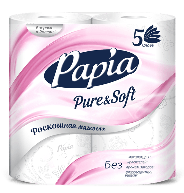 Туалетная бумага Papia Pure&Soft тиснёная с перфорацией 5 слоёв, 4шт
