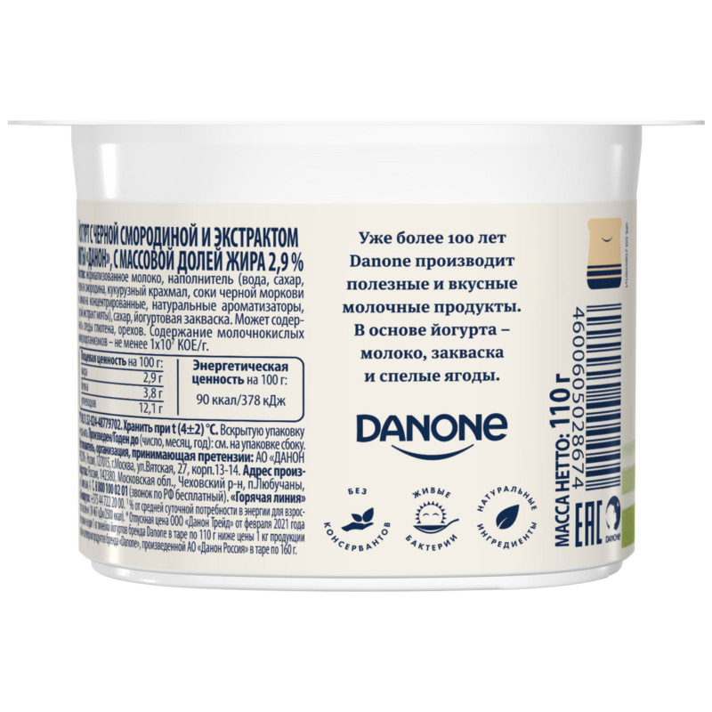 Йогурт Danone с чёрной смородиной и экстрактом мяты 2.9%, 110г — фото 1