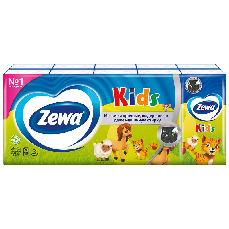 Платки носовые бумажные Zewa Kids 3 слоя, 10x10шт — фото 1