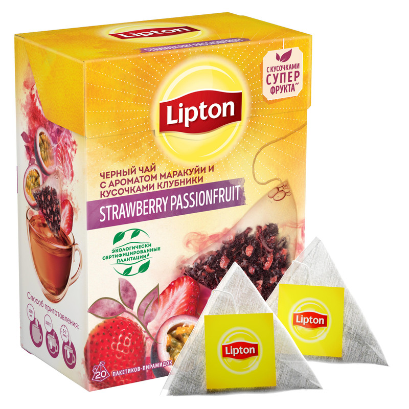 Чай Lipton Strawberry Passion Fruit чёрный с ароматом маракуйи и кусочками клубники, 20x1.5г — фото 1