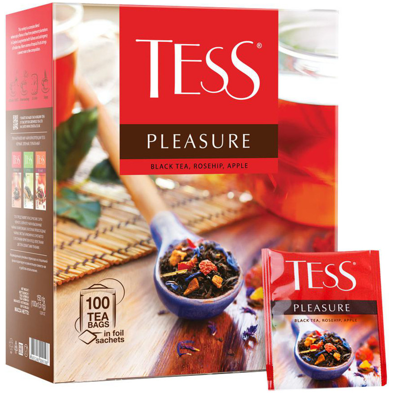 Чай Tess Pleasure чёрный байховый с шиповником и яблоком в пакетиках, 100х1.5г — фото 3