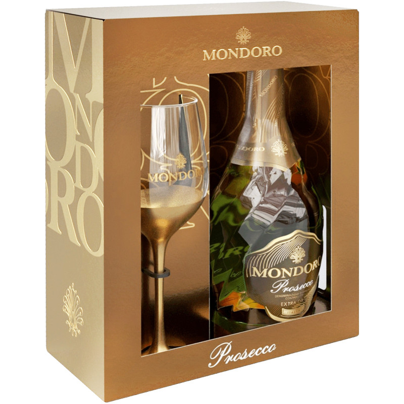 Вино игристое Mondoro Prosecco сухое белое DOC регион Венето в комплекте с бокалом 11%, 750мл