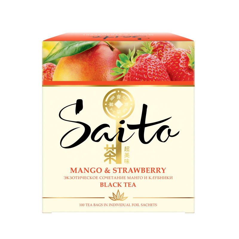 Чай Saito Mango and Strawberry чёрный клубика-манго-персик в пакетиках, 100х1.5г