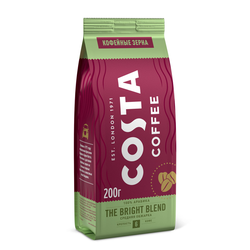 Кофе Costa Coffee Bright Blend Средняя обжарка, в зернах, 200г — фото 1