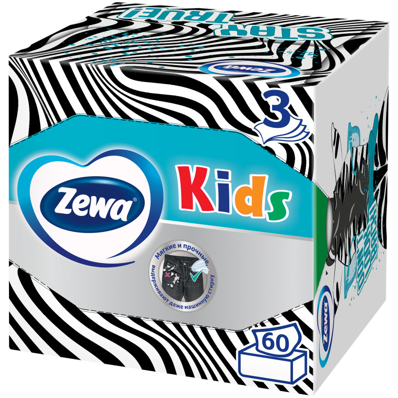 Салфетки бумажные Zewa Kids 3D Box детские для лица 3 слоя, 60шт