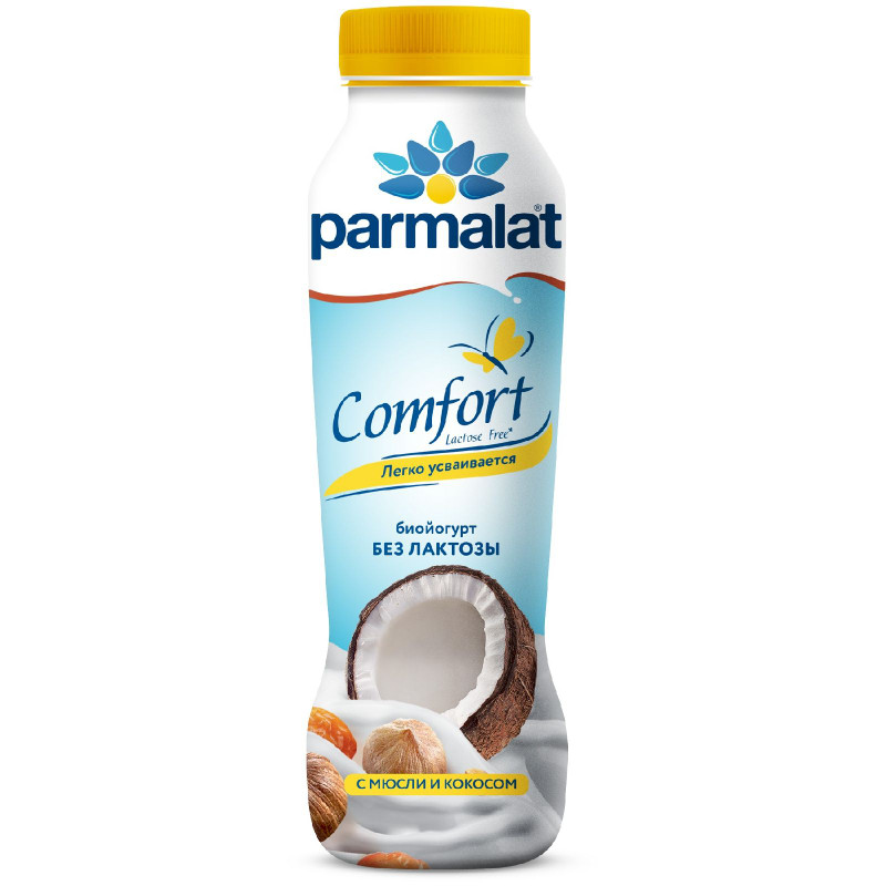 Биойогурт питьевой Parmalat Comfort безлактозный мюсли-кокос 1.5%, 290мл