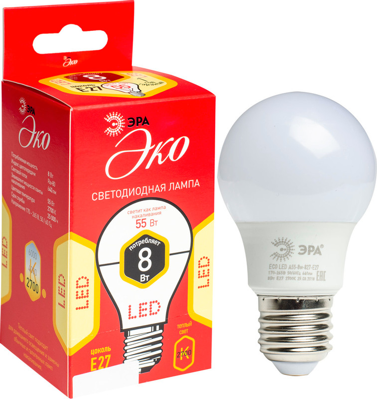 Лампа светодиодная Эра Eco LED SMD A55 E27 8W 827 — фото 1