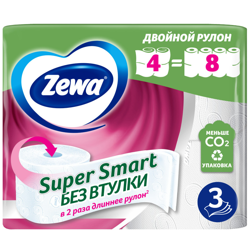 Туалетная бумага Zewa Super Smart белая 3 слоя, 4шт